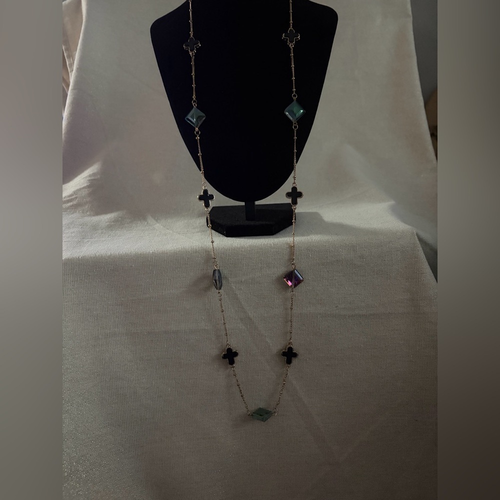 Long Gold Chain Necklace with Black and Iridescent Gem Accents